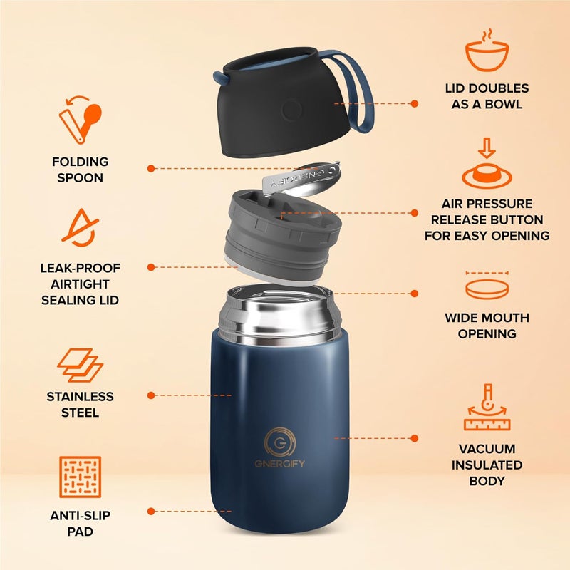 ENERGIFY Vacuum Insulated Food Jar. Large 24oz Bowl incl. Folding Spoon, Cup. Wide Mouth Keep Hot & Cold Drinks Soup Lunch Container for Adults. BPA-Free Stainless Steel, Leak Prooff Velvet blue - Image 5